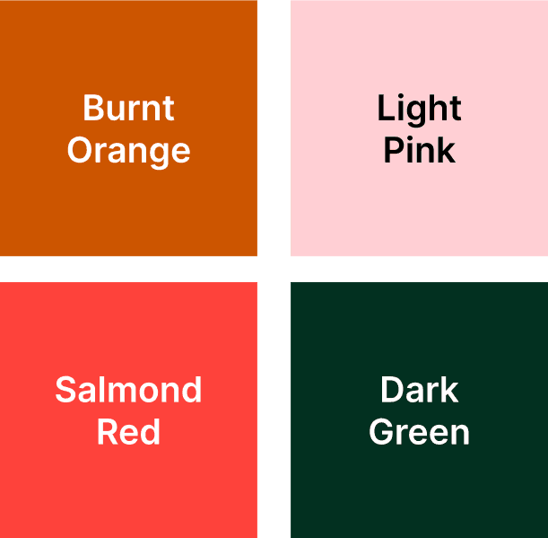 Cooc colour tiles: burnt orange, light pink, salmon red and dark green