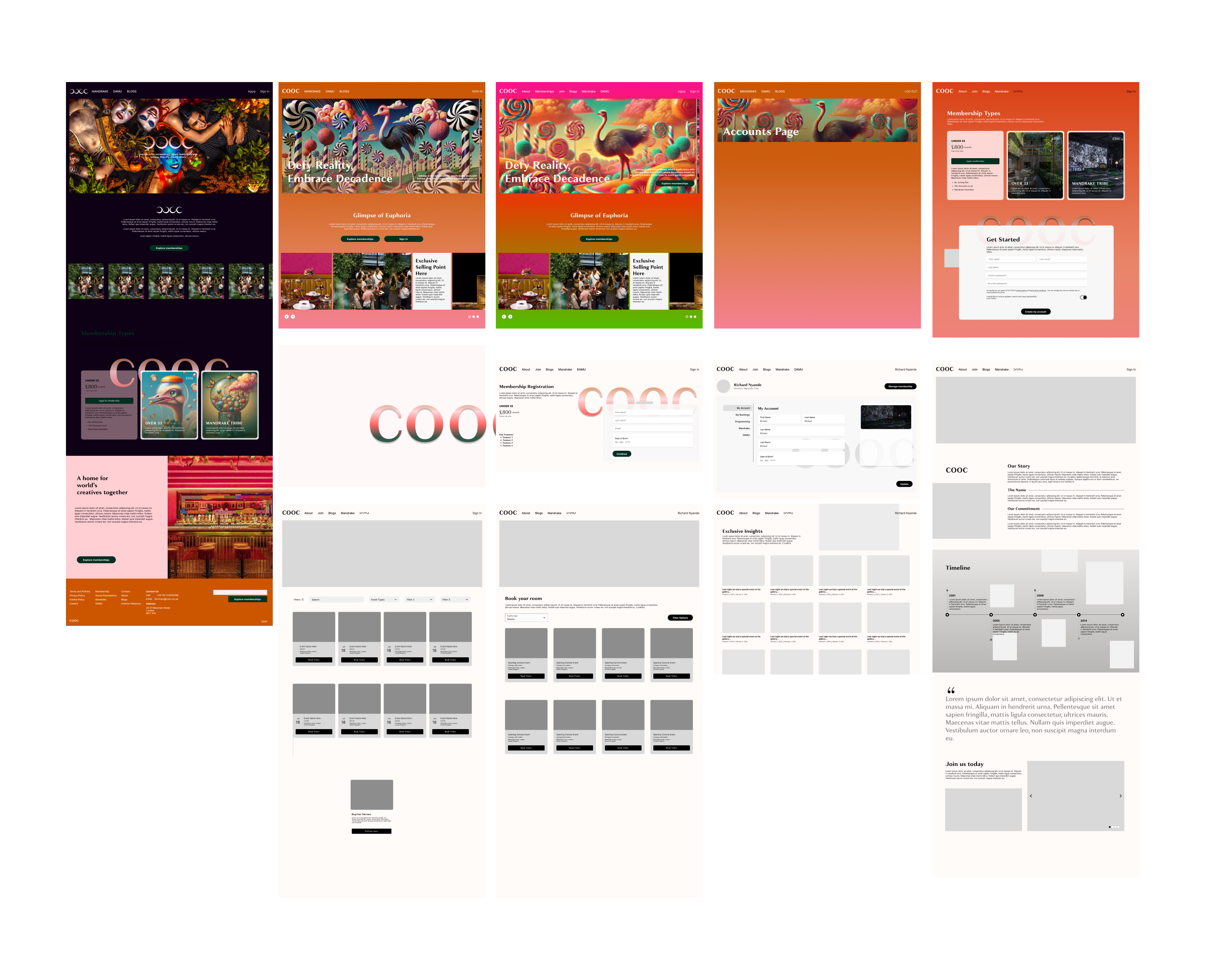 Figma board of Cooc high-fidelity pages, membership tiers, account screens and wireframes
