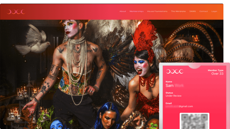 Cooc live hero with club photography, site navigation and a membership pass overlay