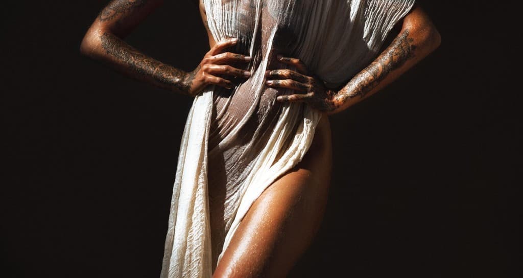 DAMU campaign still — tattooed arms and sheer fabric against a dark studio ground