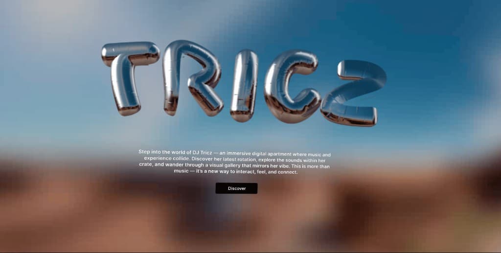 DJ Tricz landing — chrome TRICZ lettering over a blurred landscape, with a Discover control