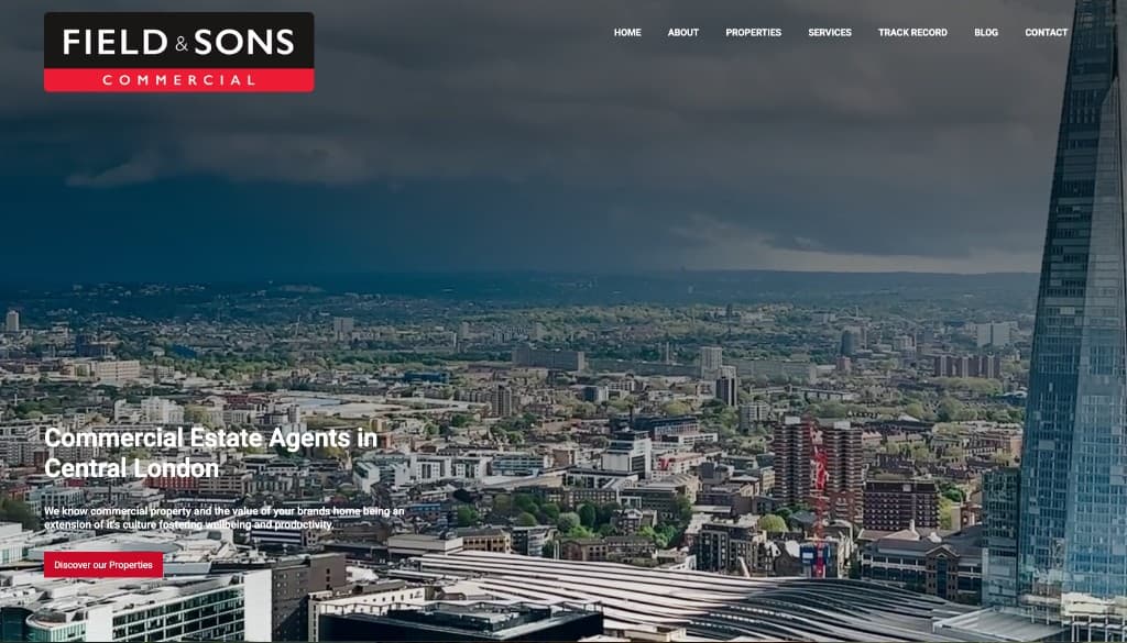 Field & Sons Commercial homepage — London skyline with property navigation
