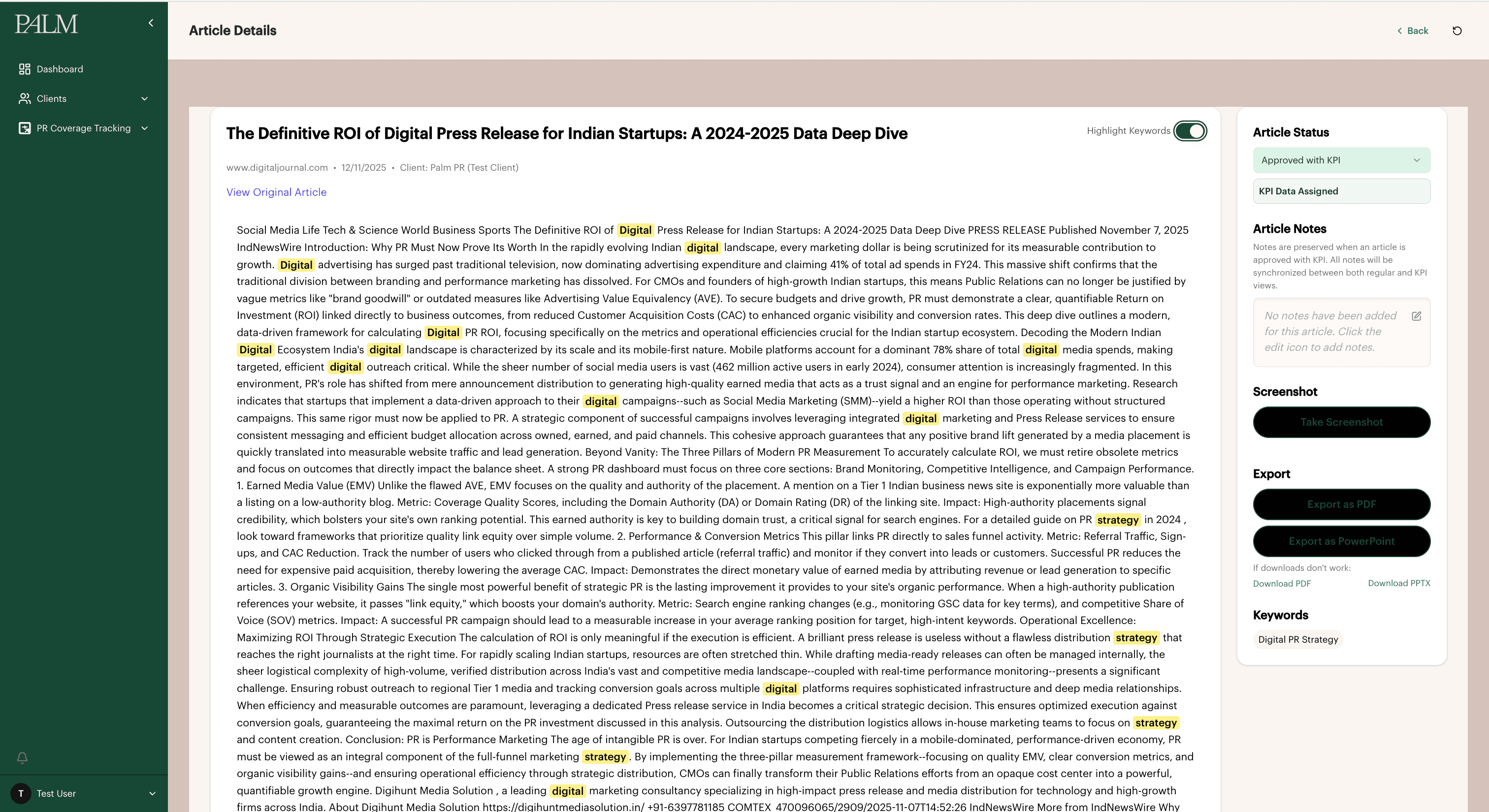Approved article details with keyword highlighting, KPI status and PDF and PowerPoint export