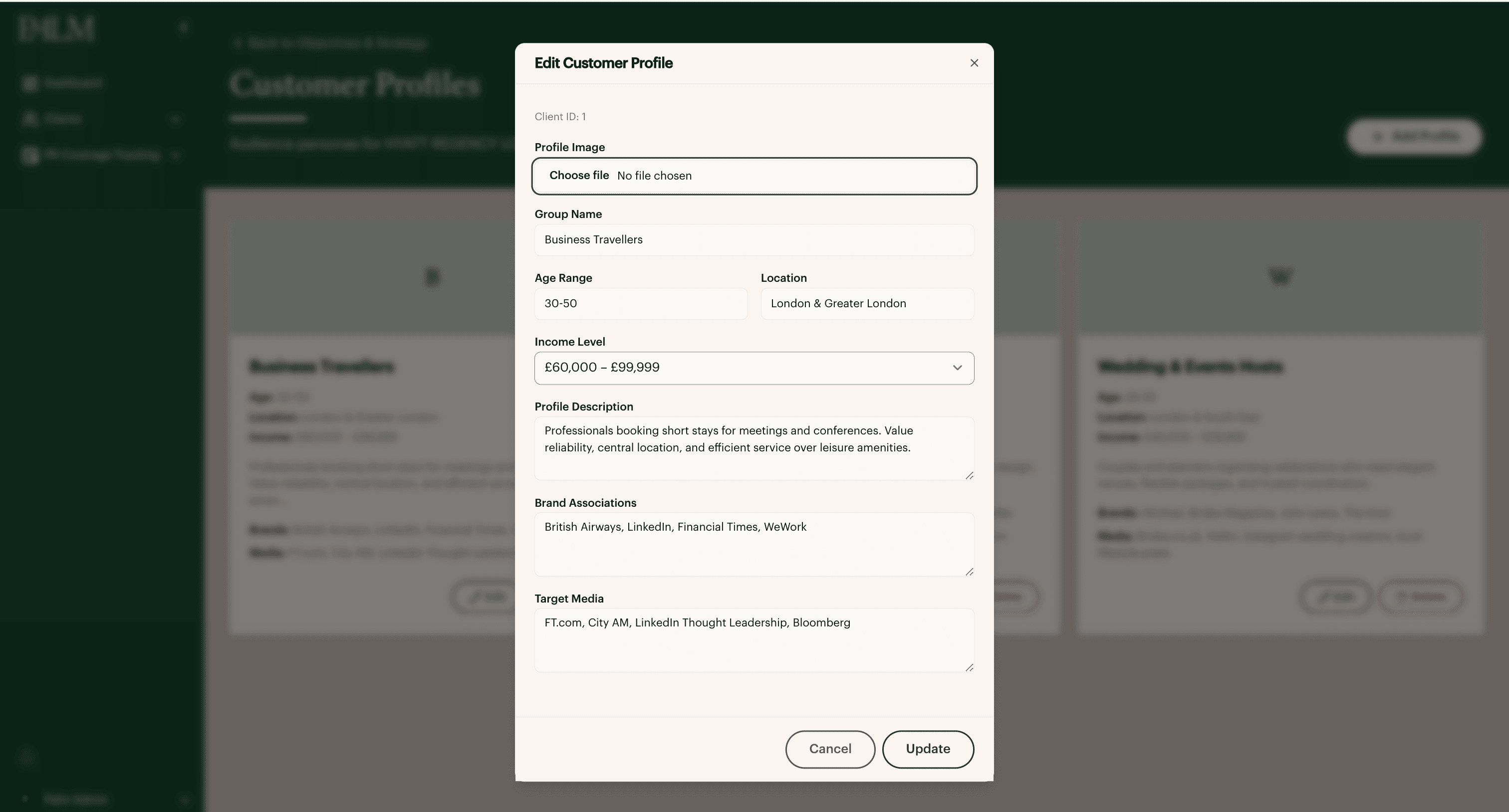 Edit customer profile modal with structured fields for a Business Travellers segment