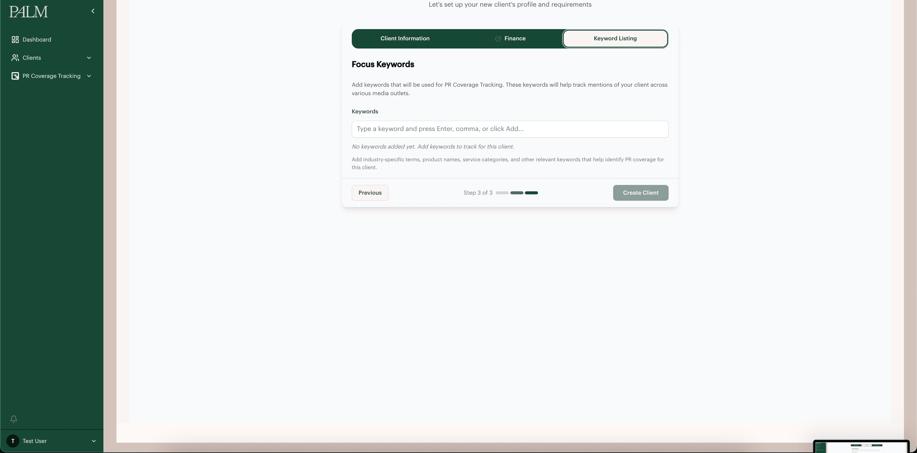 Keyword listing step in client onboarding, where brand terms are configured