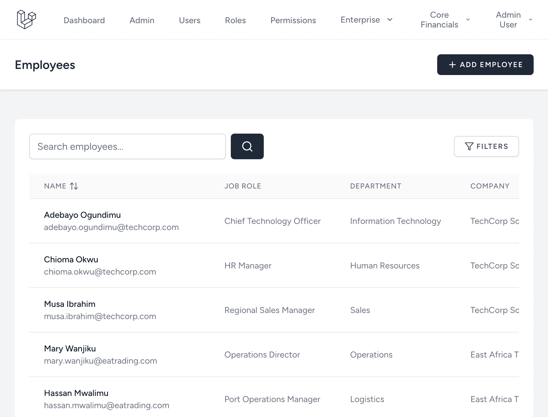 Employees table with job role, department and company, including TechCorp and East Africa Trading test records
