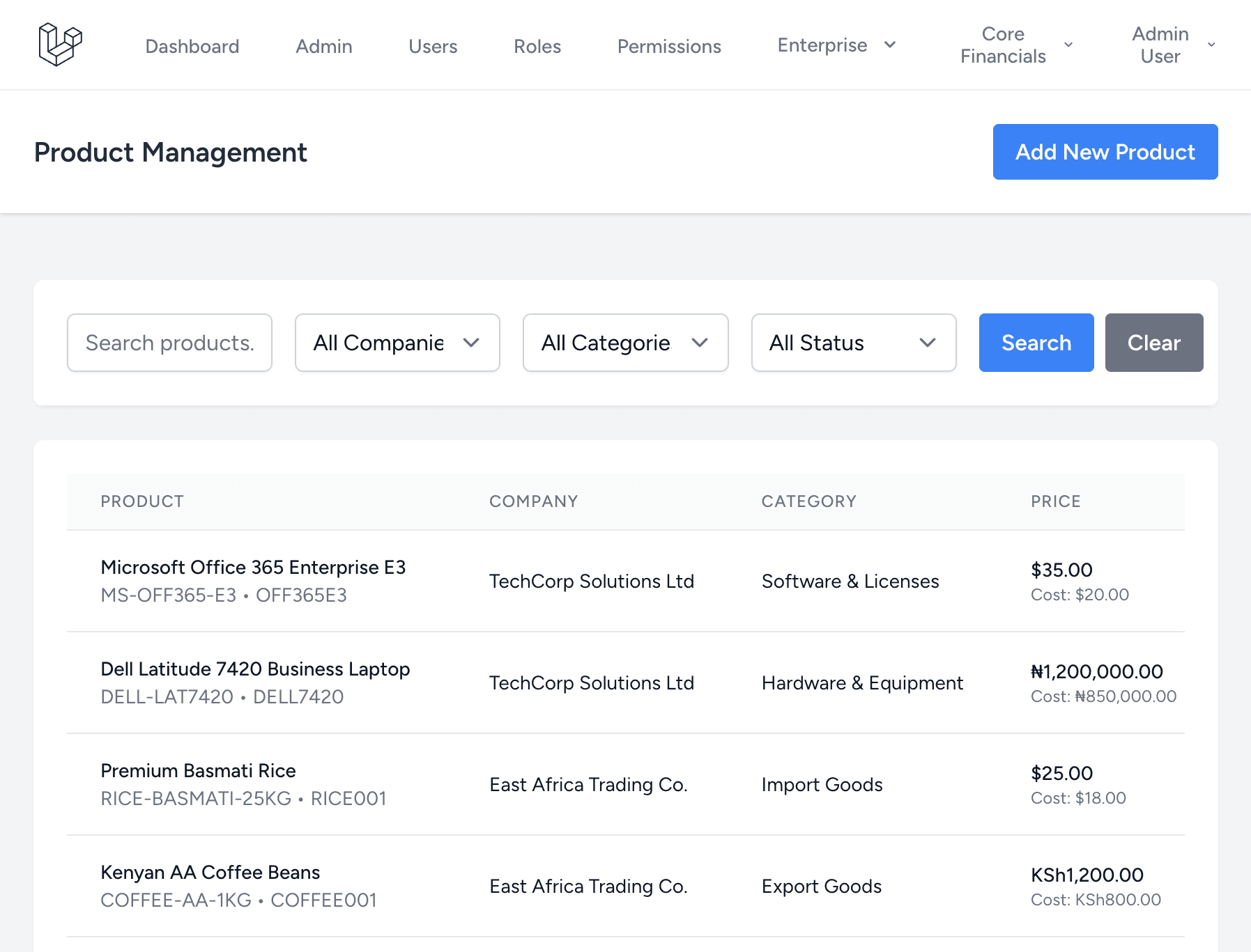 Product management table with SKU, category, company and prices in USD, naira and Kenyan shillings