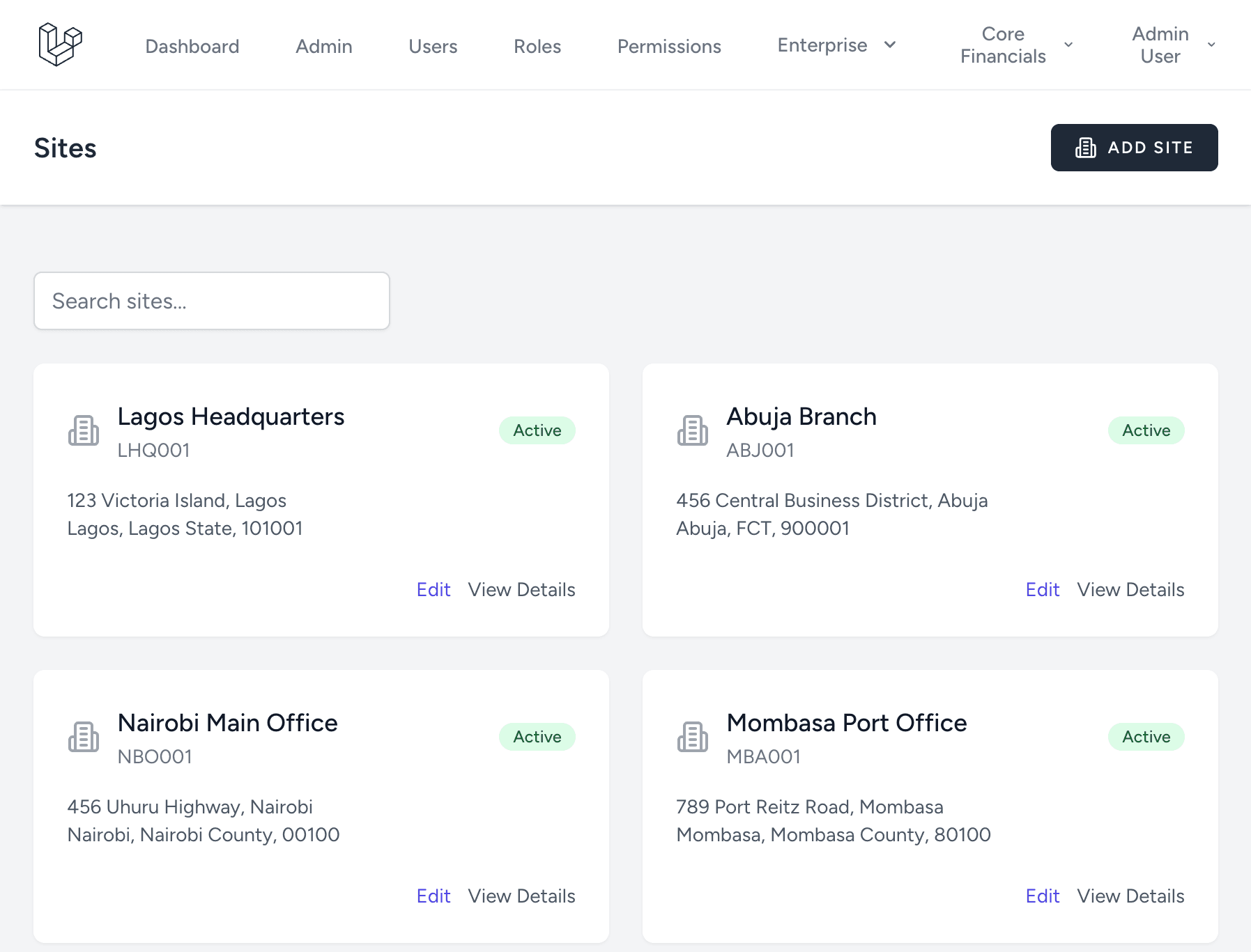 Sites grid with Lagos, Abuja, Nairobi and Mombasa locations and generated codes