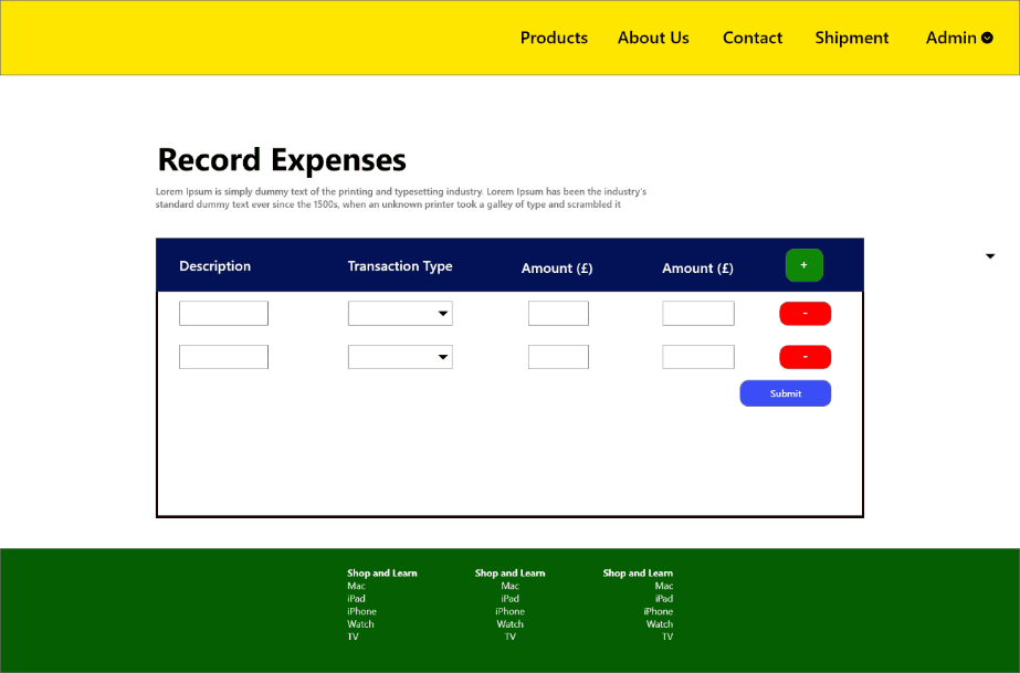 Record expenses table with description, transaction type, amount and add-row controls