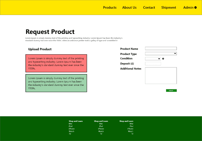 Request product form with type, condition, deposit and notes