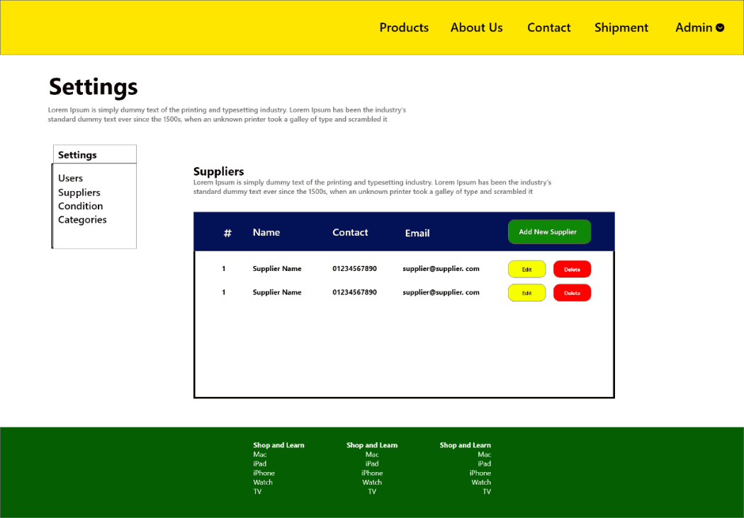 Settings screen with a suppliers table and add, edit and delete actions