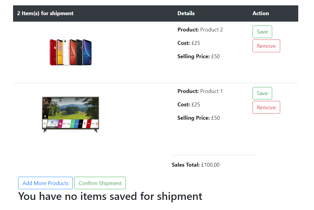 Shipment builder listing two items with cost, selling price, save and remove actions