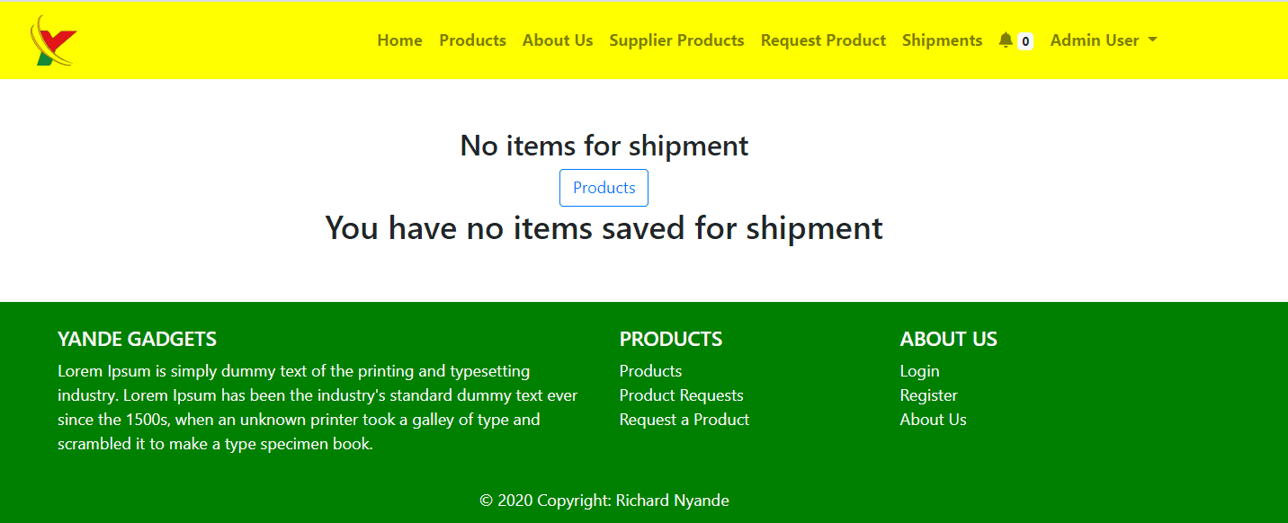 Shipments empty state in the yellow and green Yande Gadgets chrome, signed in as admin