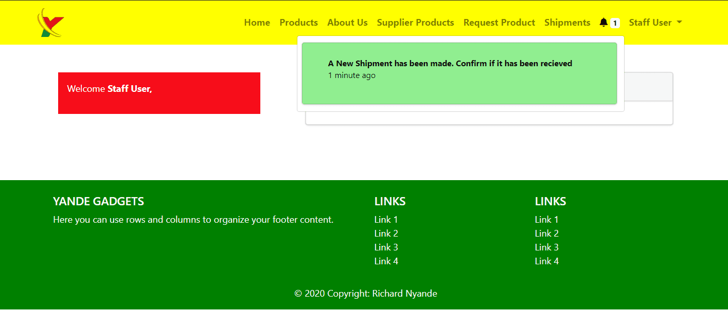 Staff dashboard with a notice that a new shipment needs to be confirmed as received