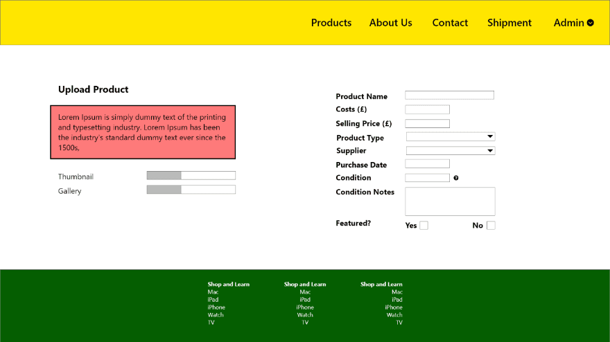 Upload product form with cost, selling price, type, supplier, condition and gallery fields