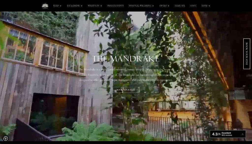 The Mandrake homepage — hotel courtyard photography and booking controls