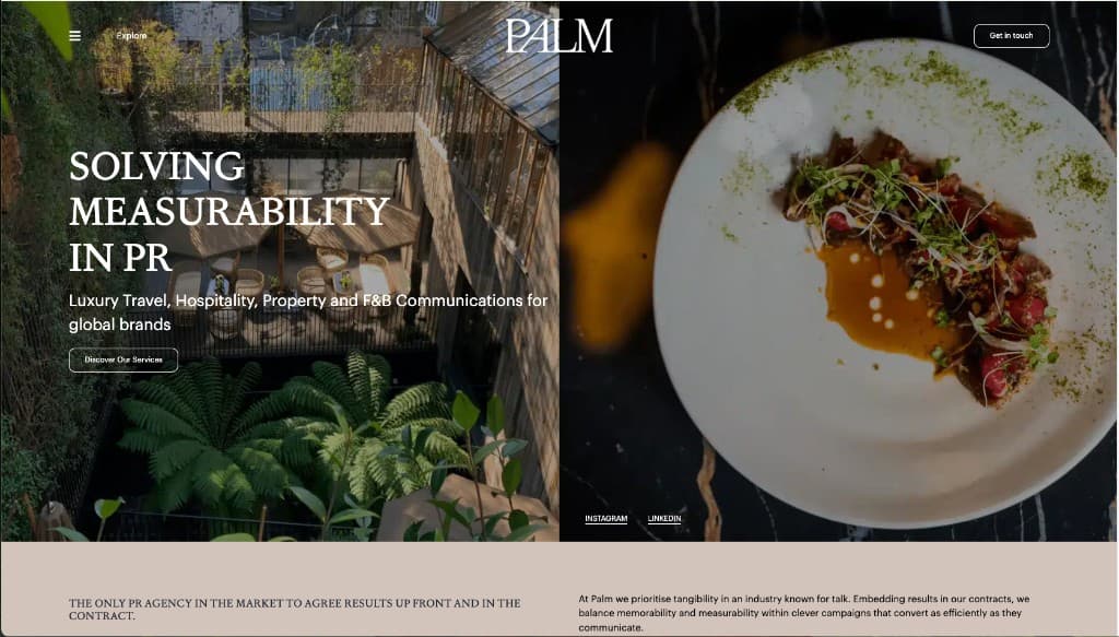 Palm PR homepage — split photography, agency positioning and services