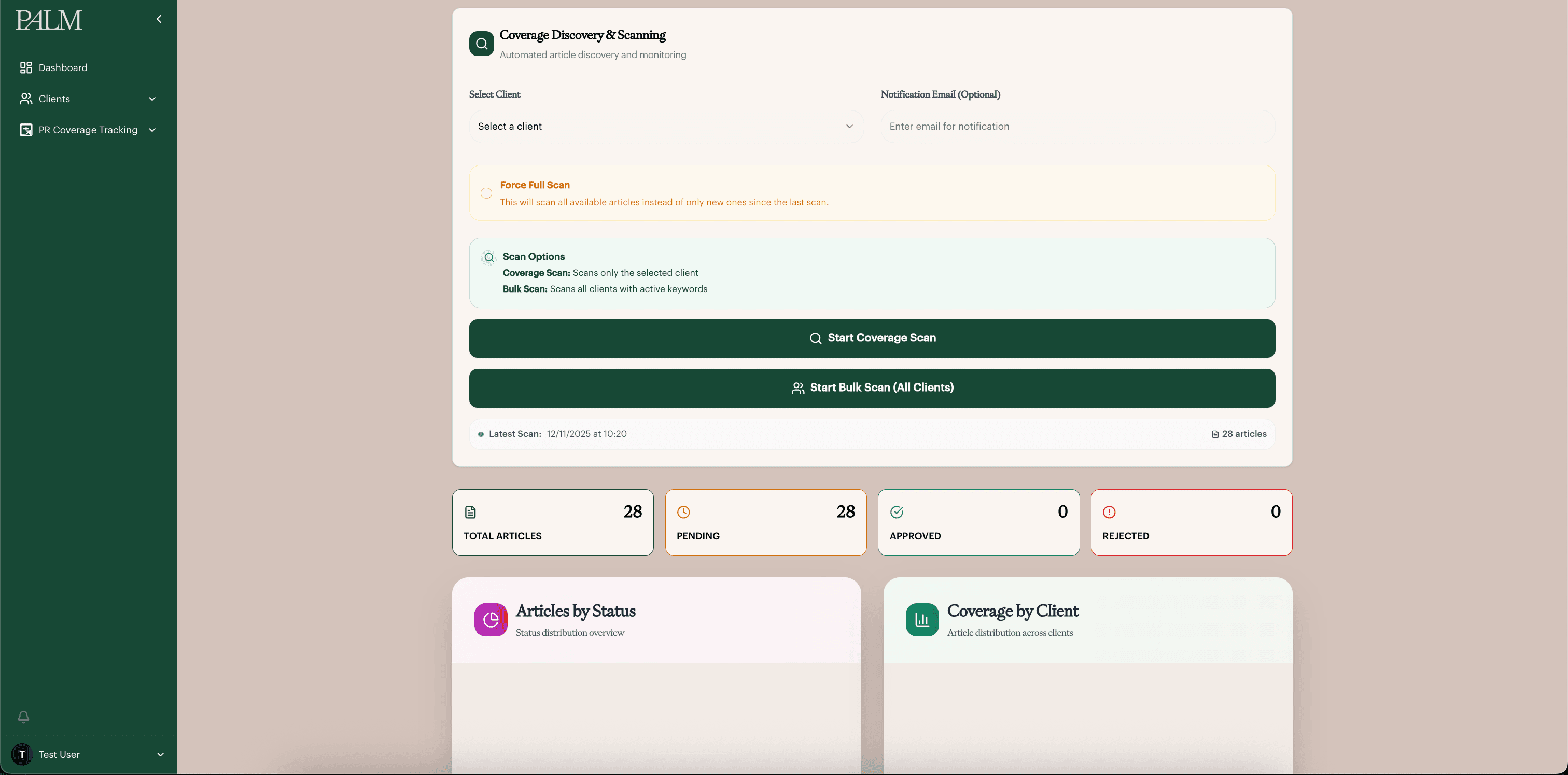 Coverage discovery screen with scan controls and pending, approved and rejected counts