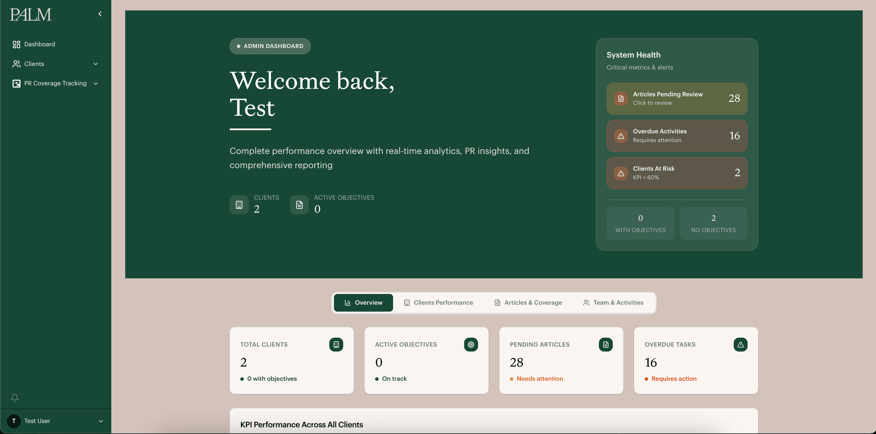 Admin dashboard overview with client counts, pending articles and overdue work