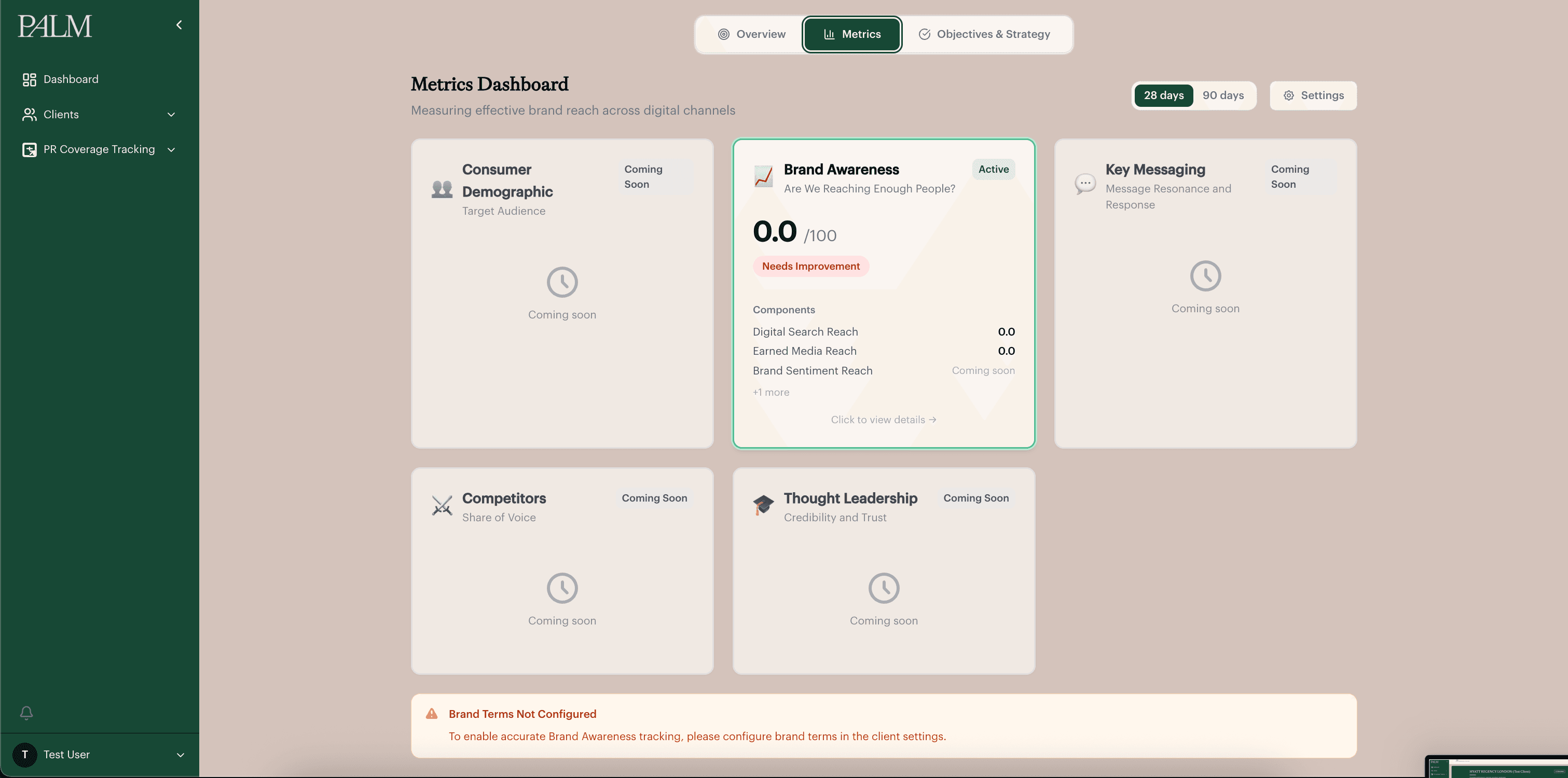 Palm Dashboard metrics view showing pillar scorecards for a test client