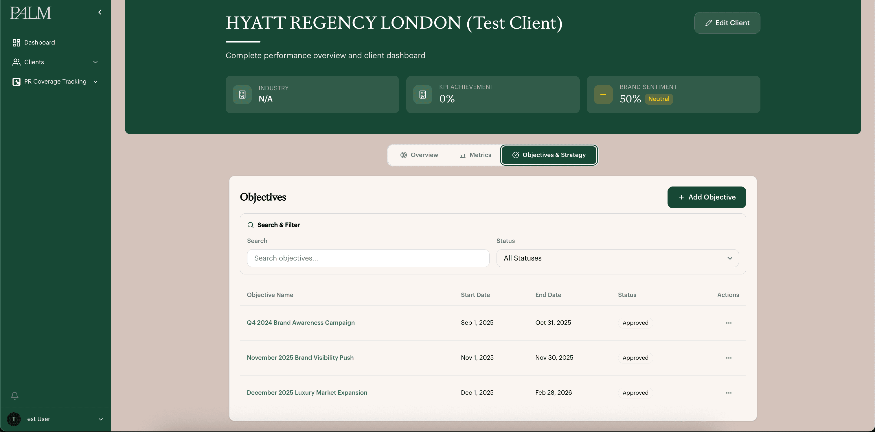 Objectives table listing campaigns with dates and approval status