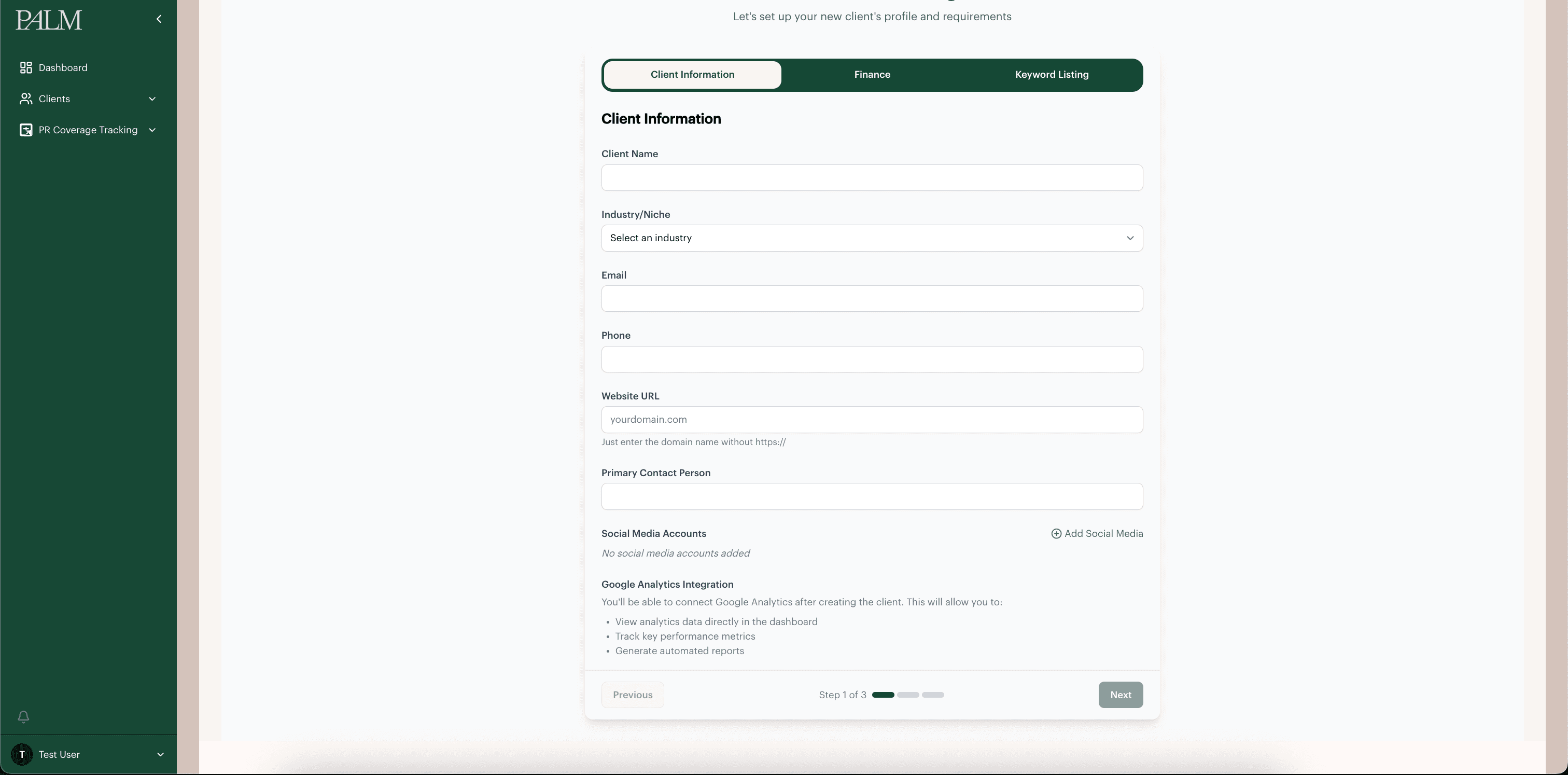 Three-step client onboarding flow on the client information step