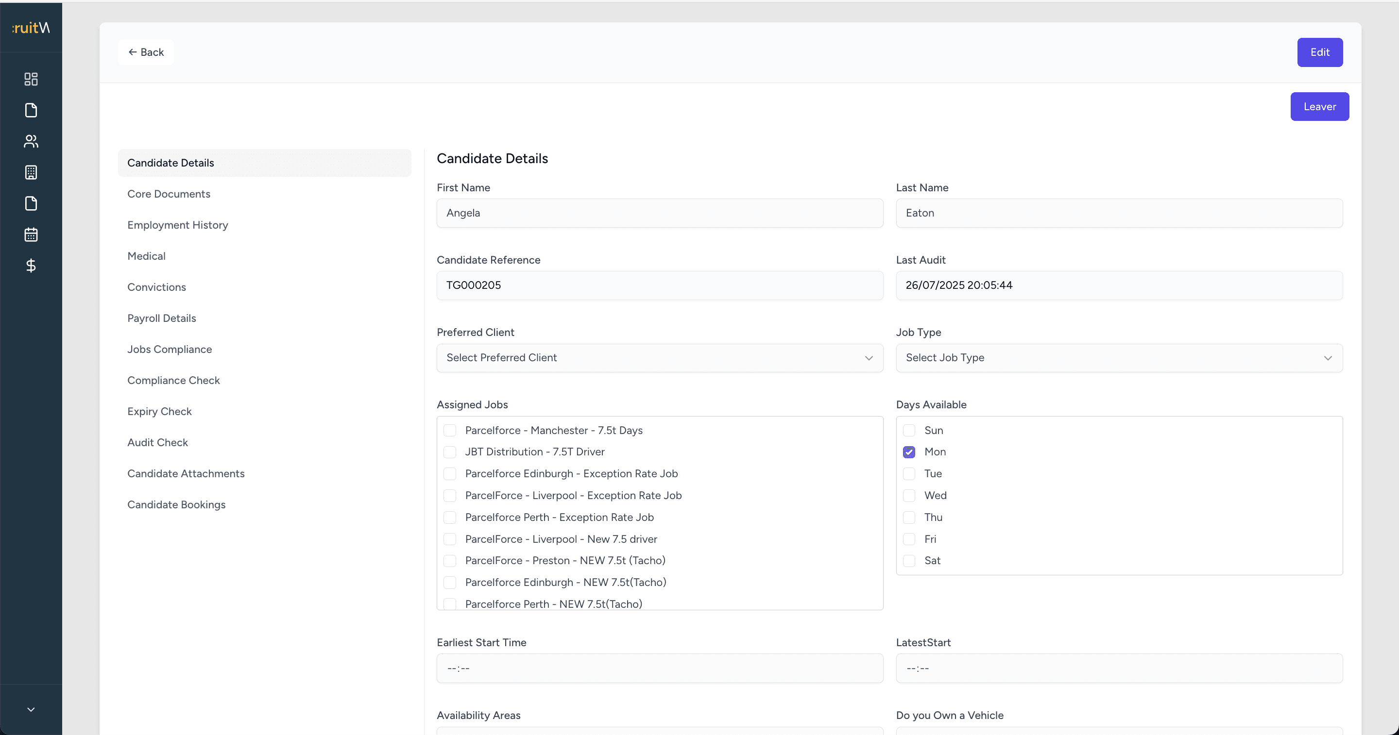 Candidate details with availability, assigned jobs and a last-audit timestamp