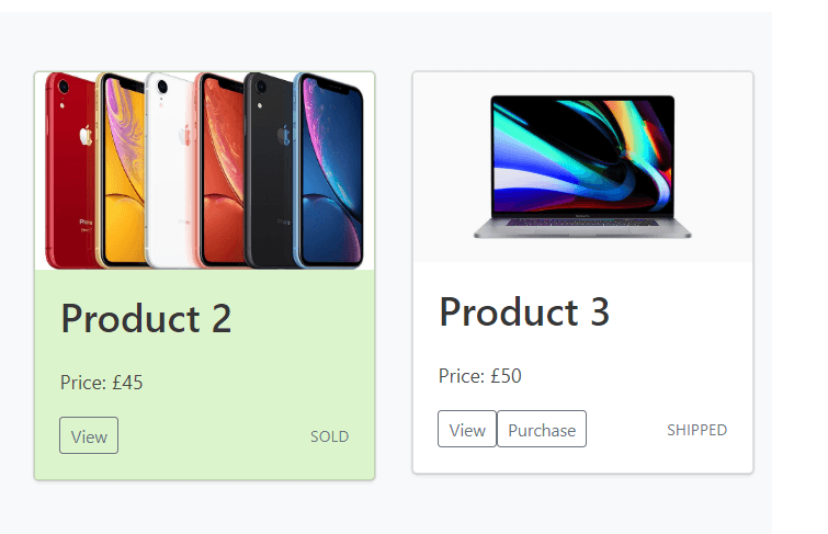 Product cards showing sold and shipped second-hand units with prices in pounds